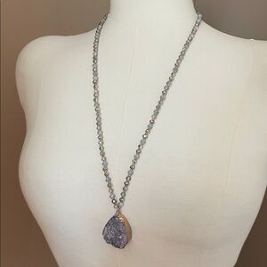 Gray Druzy Pendant Beaded Necklace - Elegant Neutral Statement